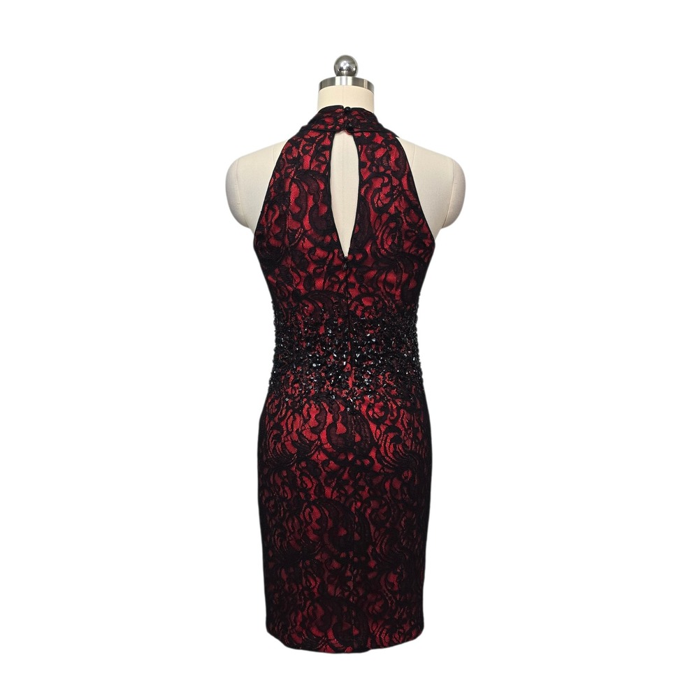 Vintage‎ Cache Red Black Lace Sequin Halter Bodycon Dress V-Neck Keyhole Size 6